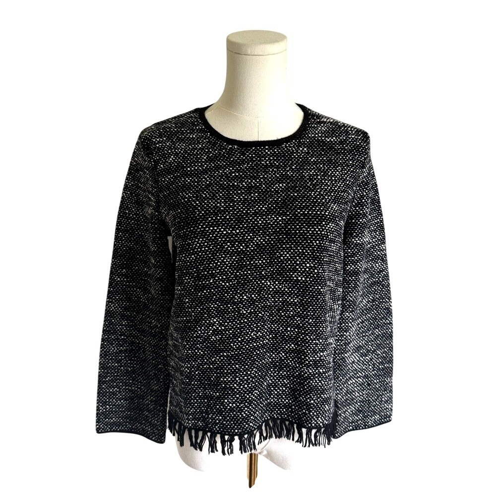 Theory Vendala T. Inlay Tweed‎ Fringe Trim Sweater Black/White Sz. Small